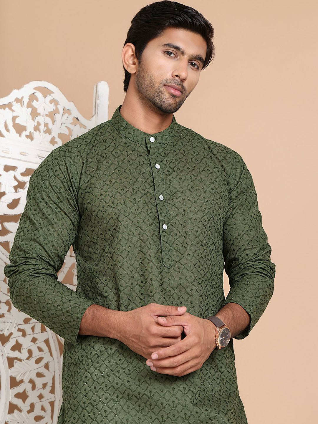 Men’s Olive Green Chikankari Embroidered Cotton Kurta