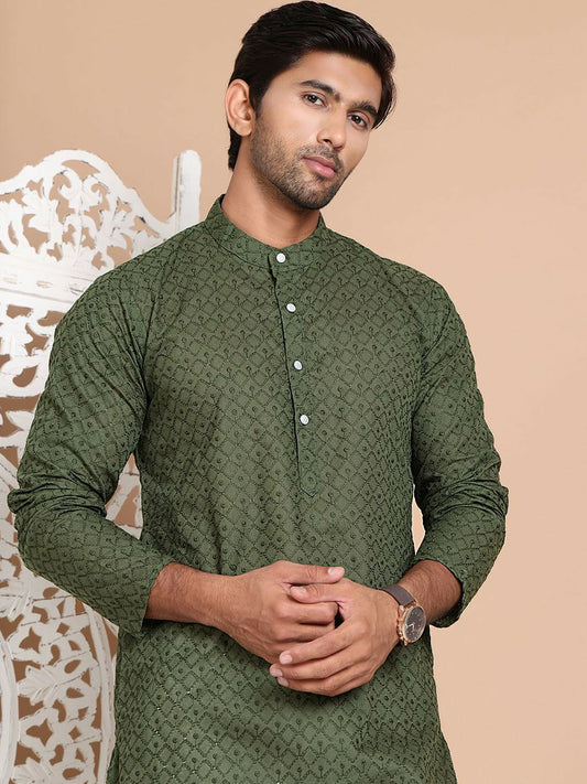 Men’s Olive Green Chikankari Embroidered Cotton Kurta