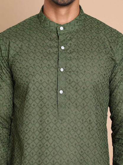 Men’s Olive Green Chikankari Embroidered Cotton Kurta