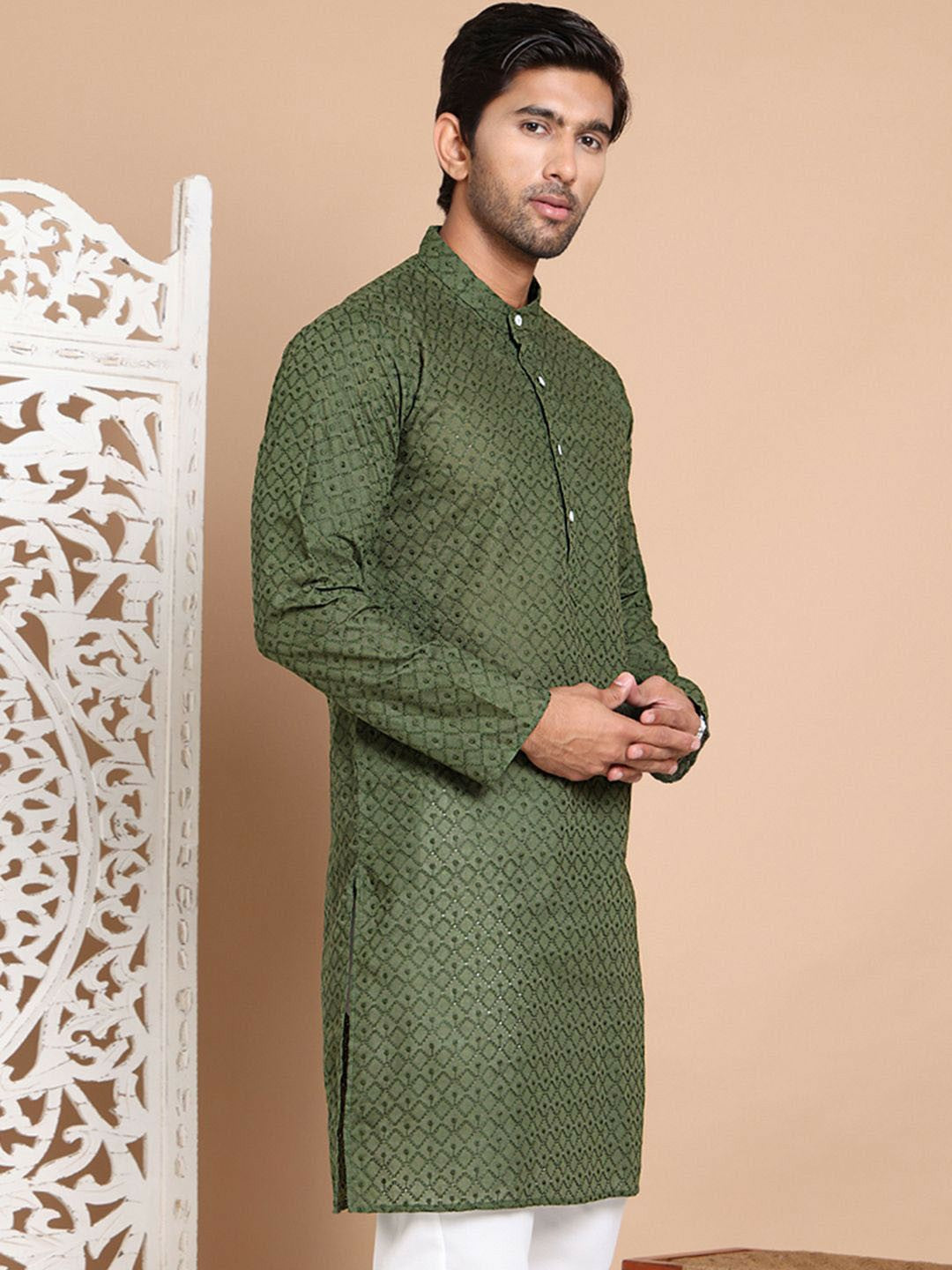 Men’s Olive Green Chikankari Embroidered Cotton Kurta