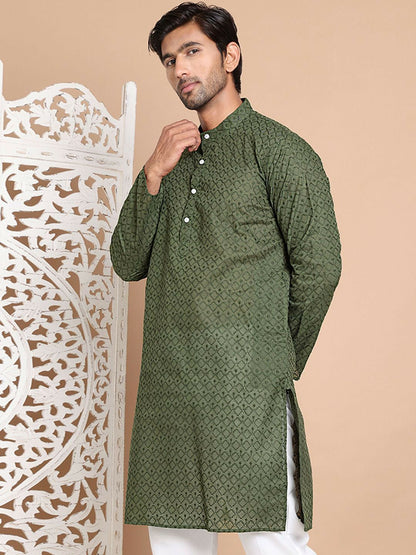 Men’s Olive Green Chikankari Embroidered Cotton Kurta