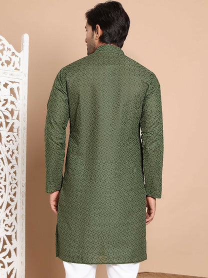 Men’s Olive Green Chikankari Embroidered Cotton Kurta