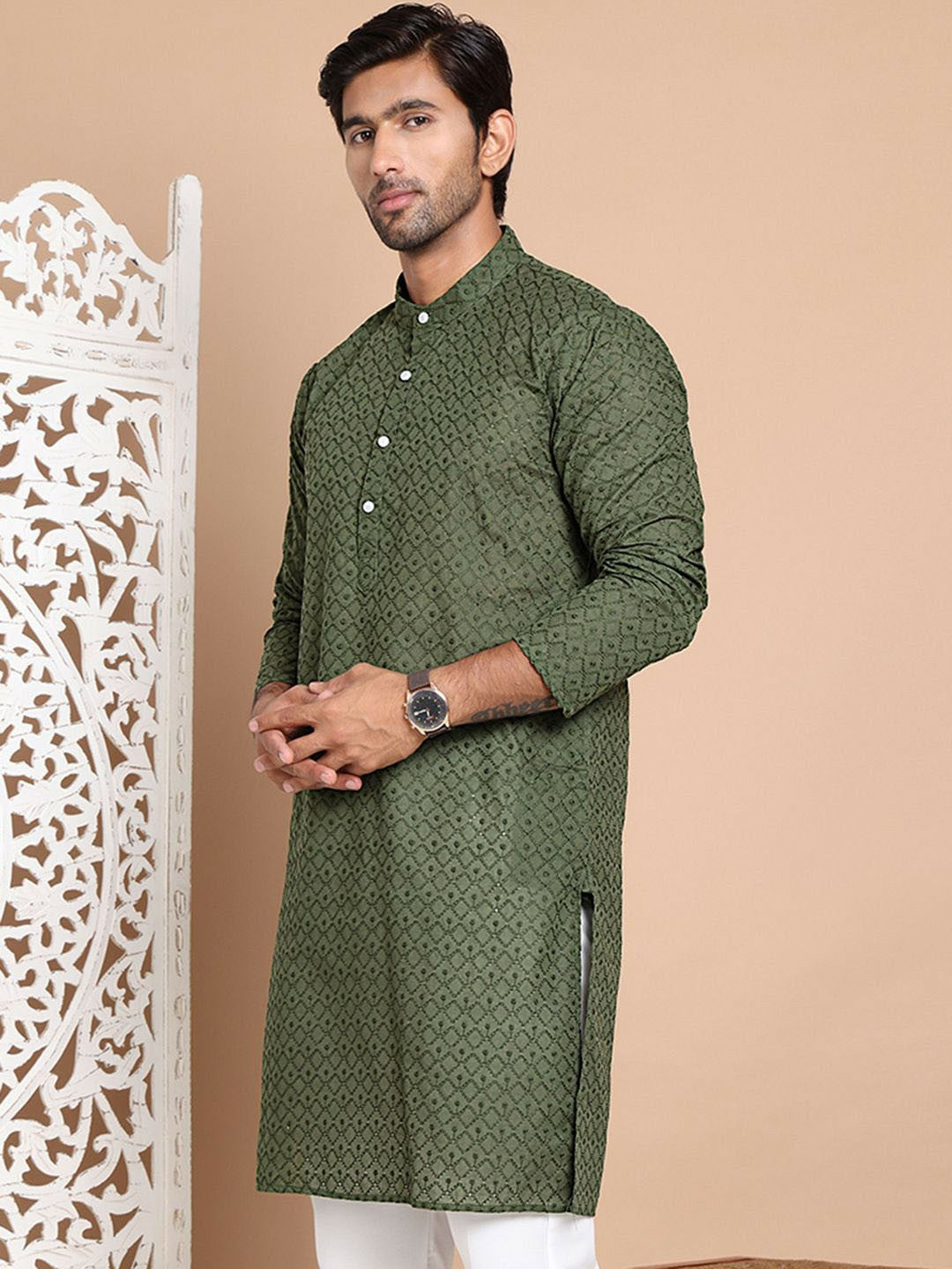 Men’s Olive Green Chikankari Embroidered Cotton Kurta