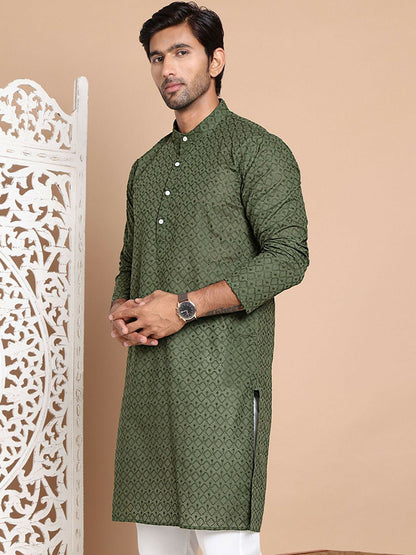 Men’s Olive Green Chikankari Embroidered Cotton Kurta