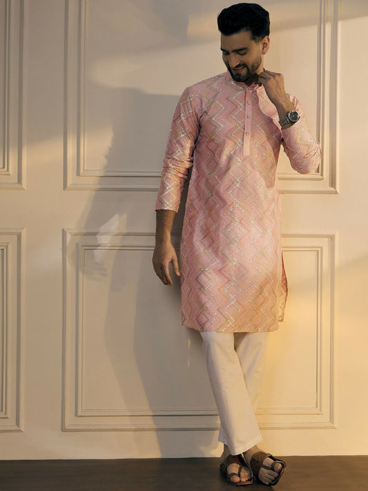 Men’s Pink Chevron Embroidered Cotton Kurta with Gotta Patti