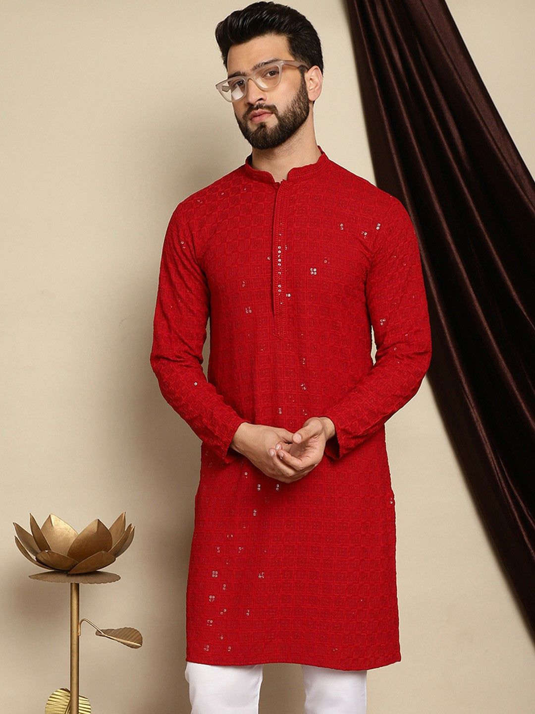 Men’s Maroon Embroidered Pathani Kurta with Thread Work