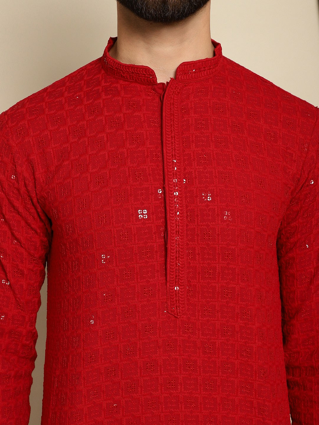 Men’s Maroon Embroidered Pathani Kurta with Thread Work