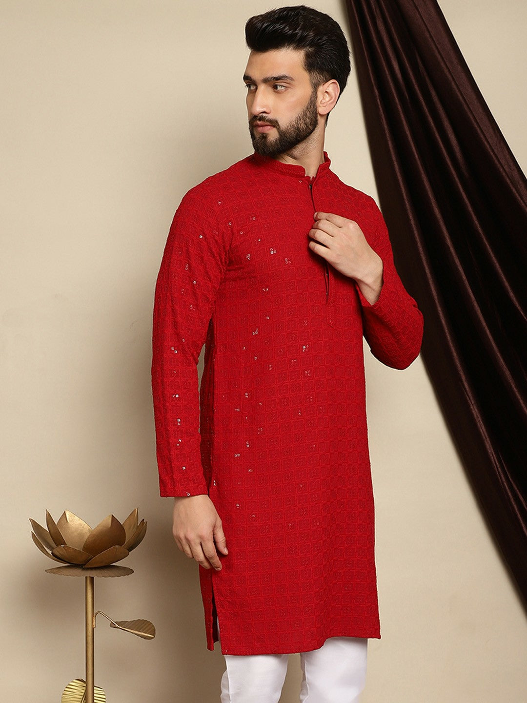 Men’s Maroon Embroidered Pathani Kurta with Thread Work