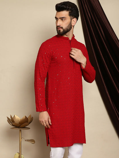 Men’s Maroon Embroidered Pathani Kurta with Thread Work