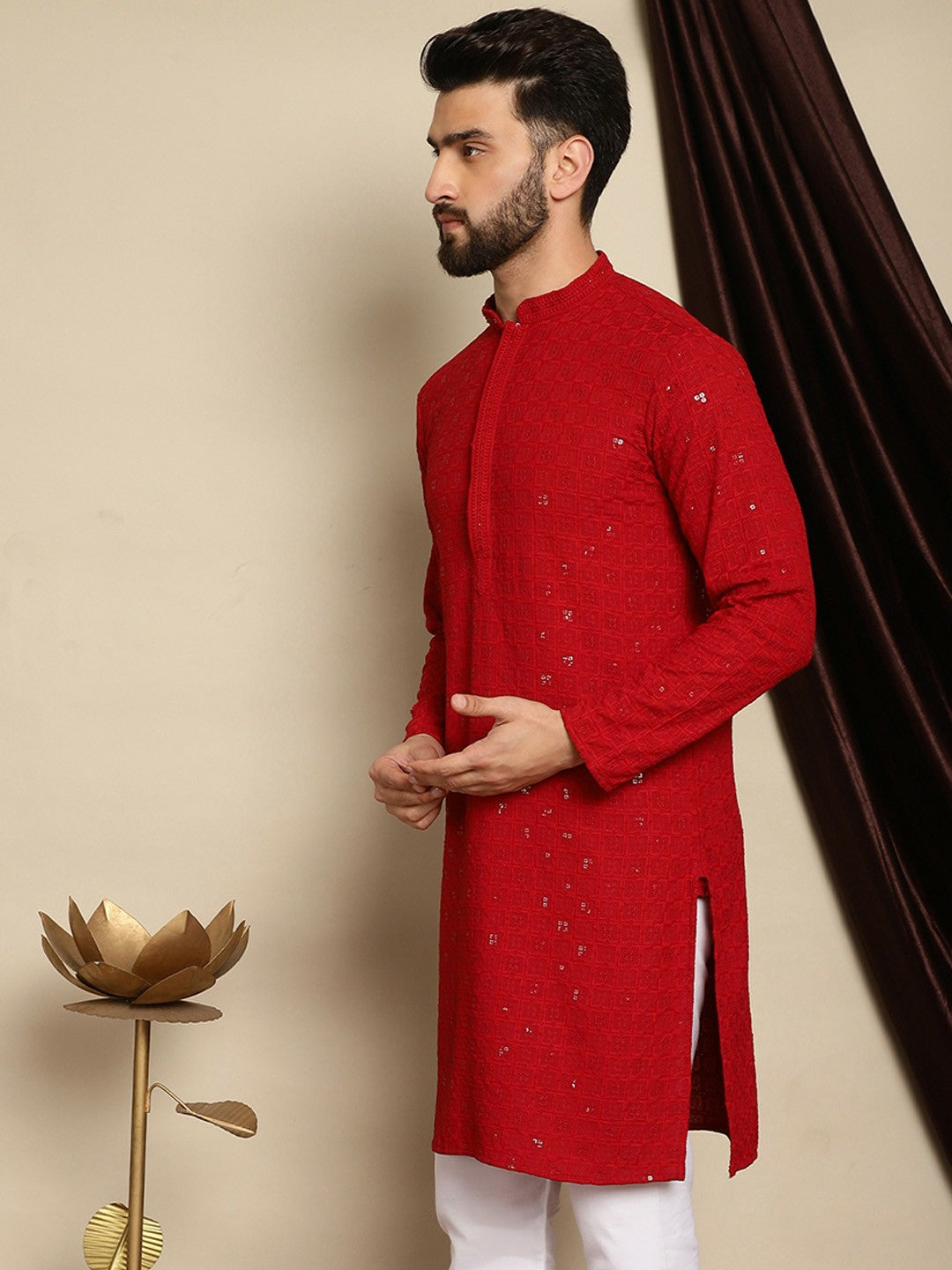 Men’s Maroon Embroidered Pathani Kurta with Thread Work