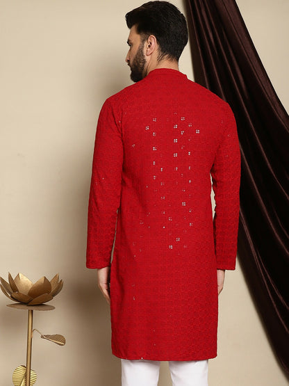 Men’s Maroon Embroidered Pathani Kurta with Thread Work