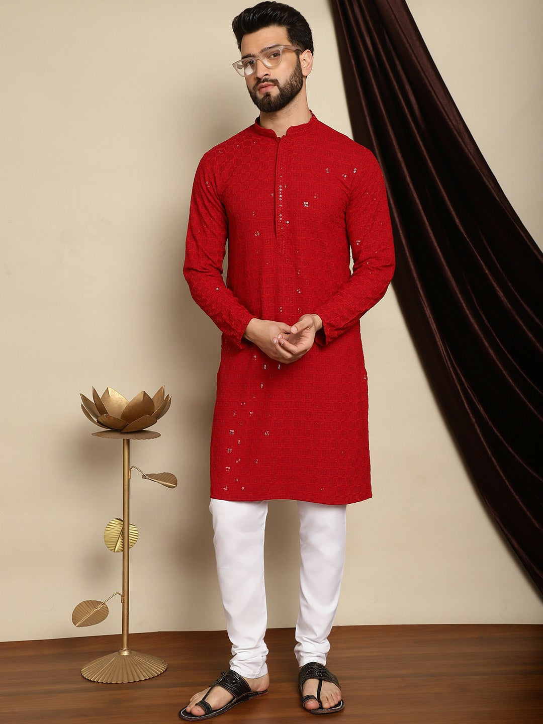 Men’s Maroon Embroidered Pathani Kurta with Thread Work
