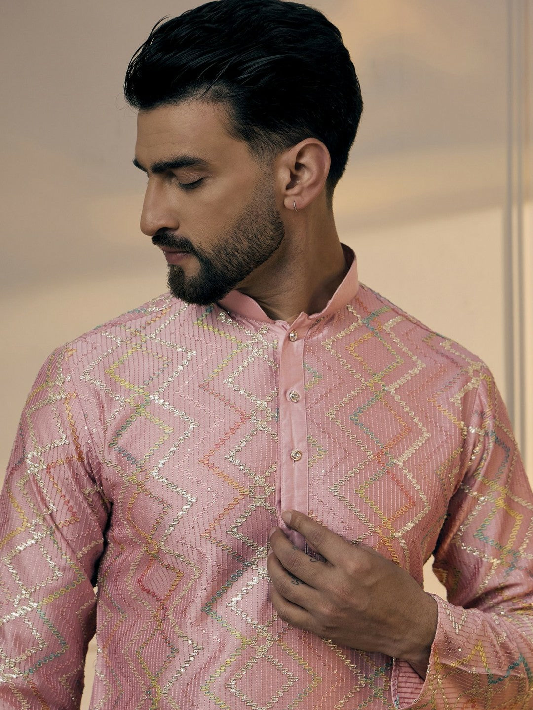 Men’s Pink Chevron Embroidered Cotton Kurta with Gotta Patti