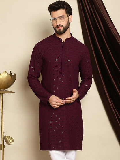 Men’s Burgundy Embroidered Cotton Kurta with Sequin Detail