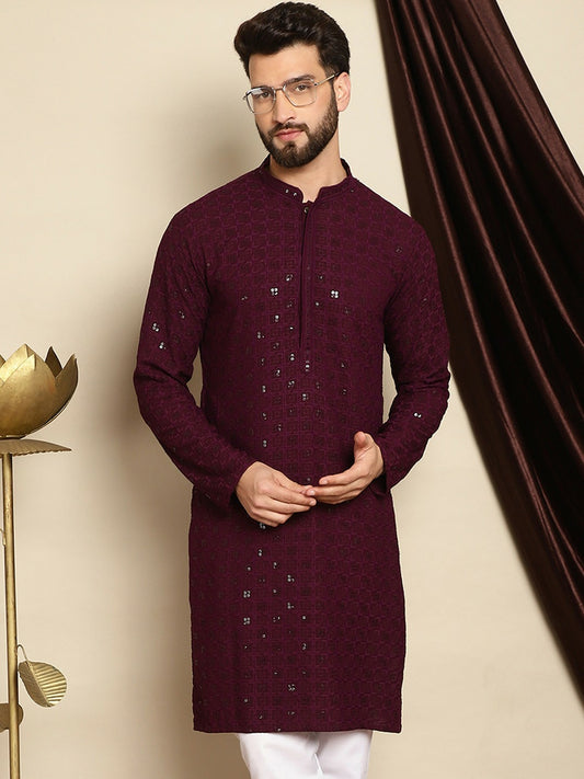 Men’s Burgundy Embroidered Cotton Kurta with Sequin Detail