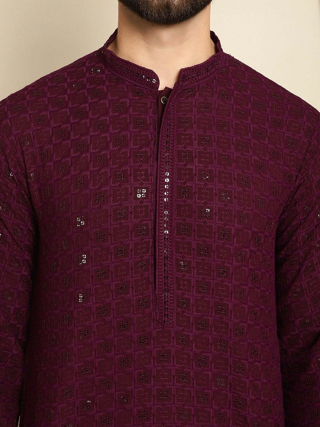 Men’s Burgundy Embroidered Cotton Kurta with Sequin Detail