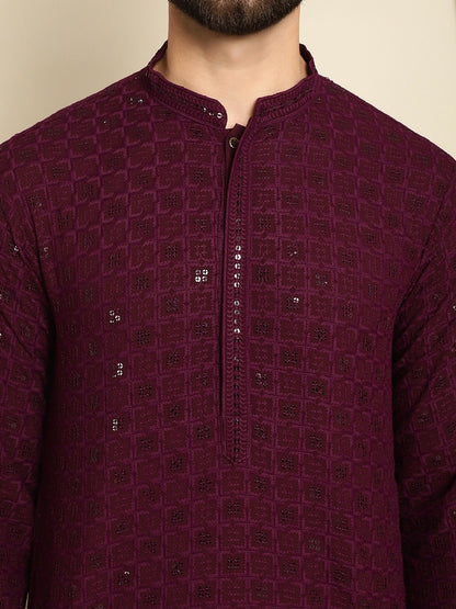 Men’s Burgundy Embroidered Cotton Kurta with Sequin Detail