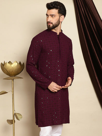 Men’s Burgundy Embroidered Cotton Kurta with Sequin Detail
