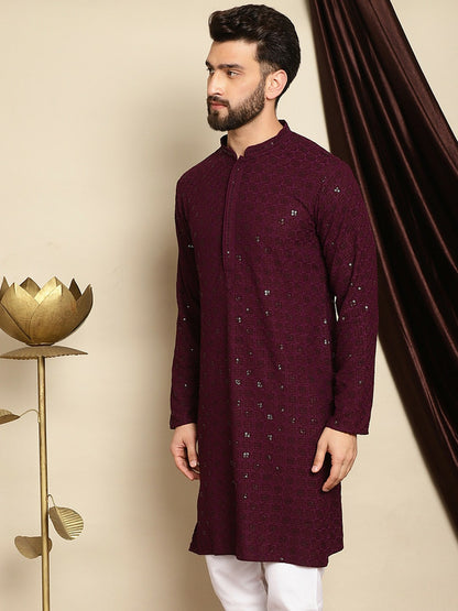 Men’s Burgundy Embroidered Cotton Kurta with Sequin Detail