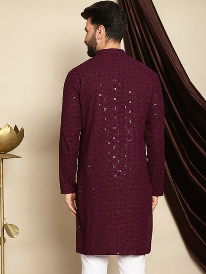 Men’s Burgundy Embroidered Cotton Kurta with Sequin Detail