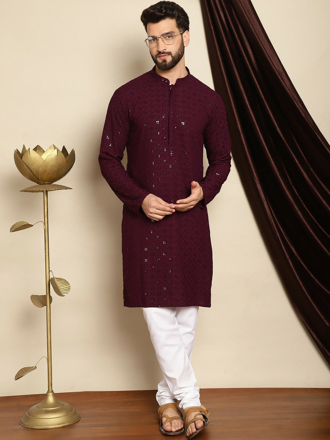 Men’s Burgundy Embroidered Cotton Kurta with Sequin Detail
