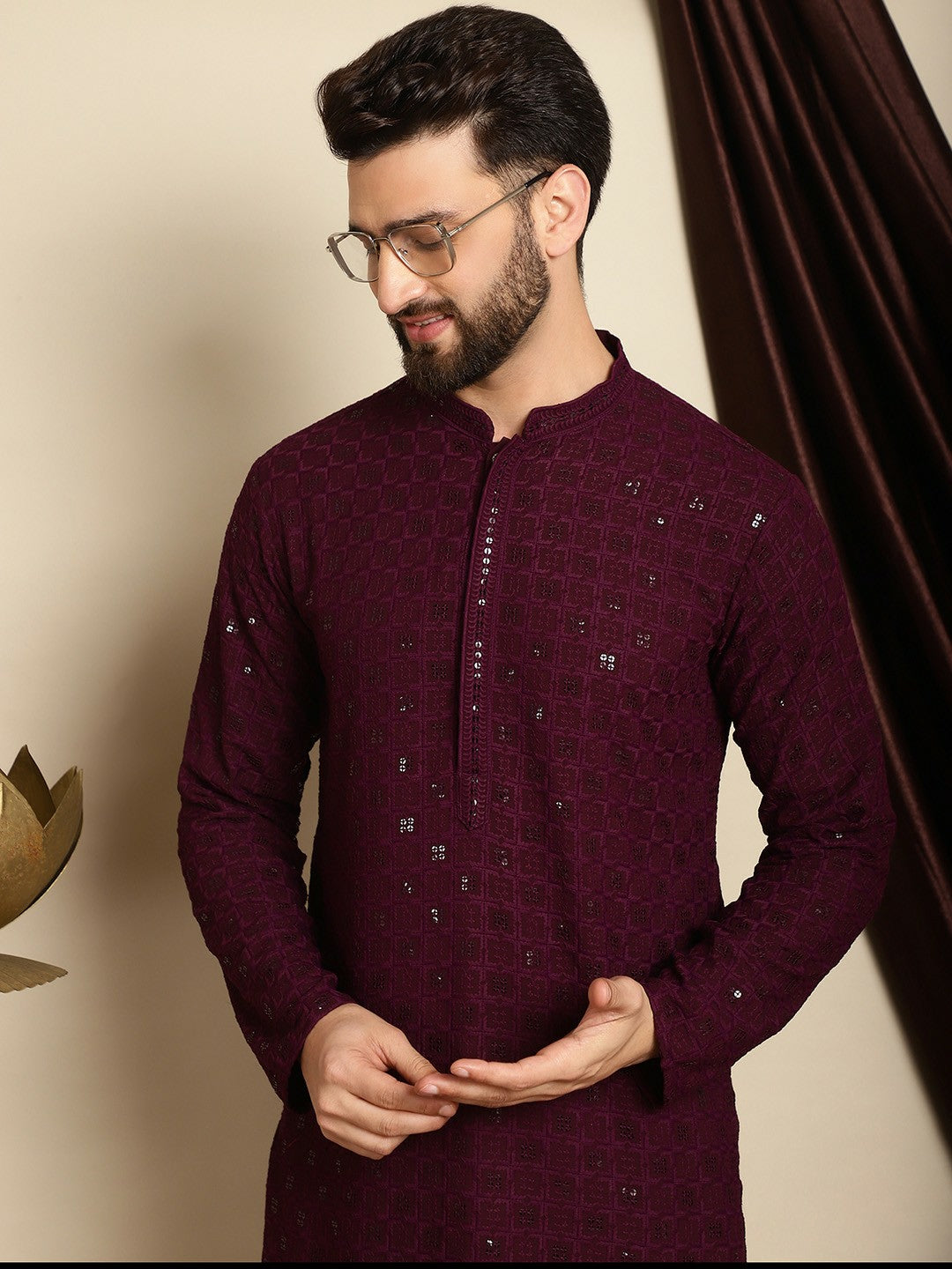 Men’s Burgundy Embroidered Cotton Kurta with Sequin Detail