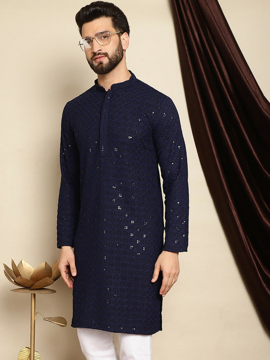 Men’s Navy Blue Embroidered Cotton Kurta with Sequin Detail