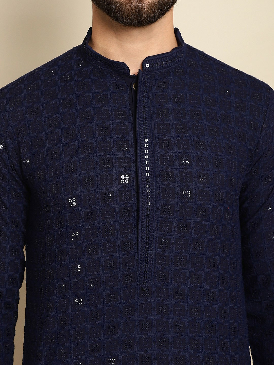 Men’s Navy Blue Embroidered Cotton Kurta with Sequin Detail