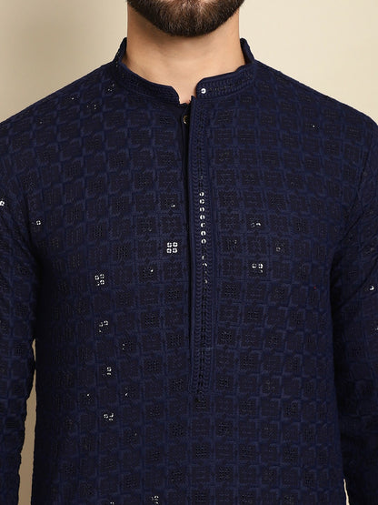 Men’s Navy Blue Embroidered Cotton Kurta with Sequin Detail