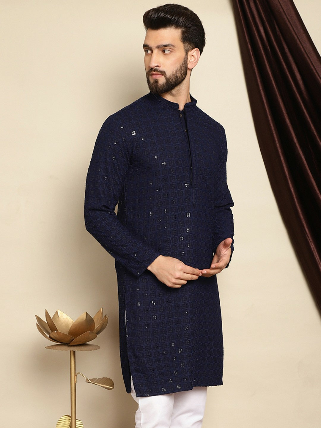 Men’s Navy Blue Embroidered Cotton Kurta with Sequin Detail