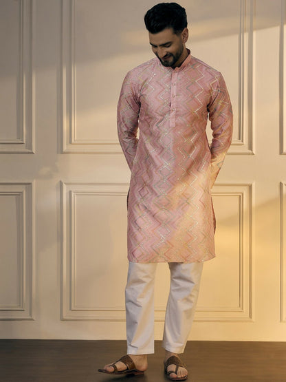 Men’s Pink Chevron Embroidered Cotton Kurta with Gotta Patti