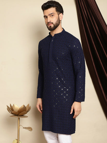 Men’s Navy Blue Embroidered Cotton Kurta with Sequin Detail