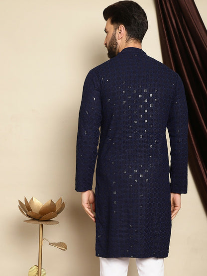 Men’s Navy Blue Embroidered Cotton Kurta with Sequin Detail