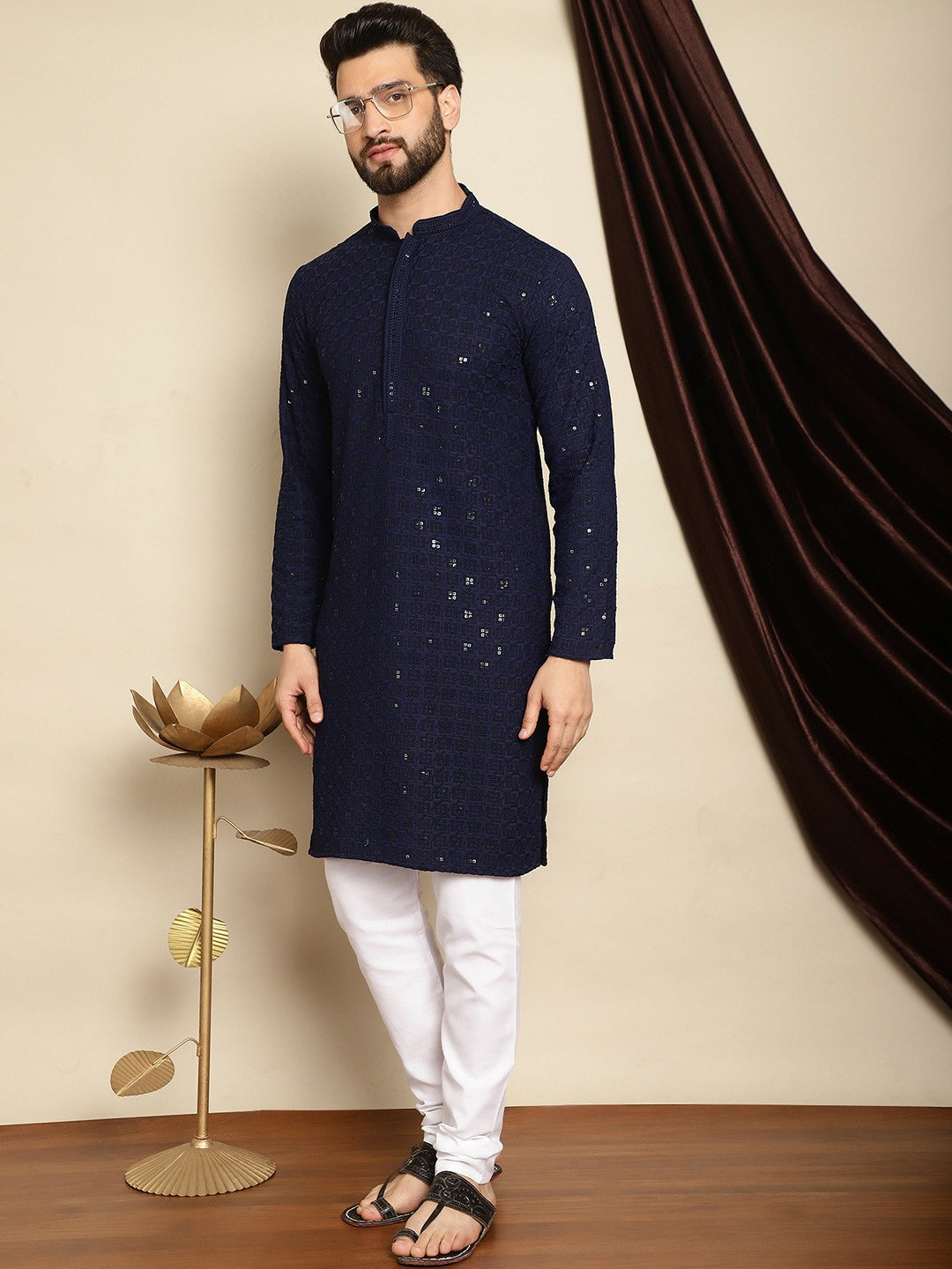 Men’s Navy Blue Embroidered Cotton Kurta with Sequin Detail