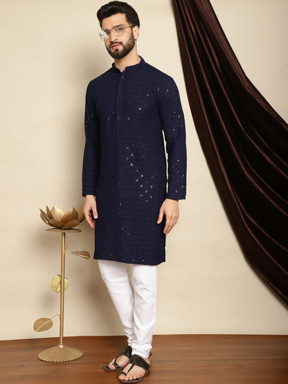 Men’s Navy Blue Embroidered Cotton Kurta with Sequin Detail