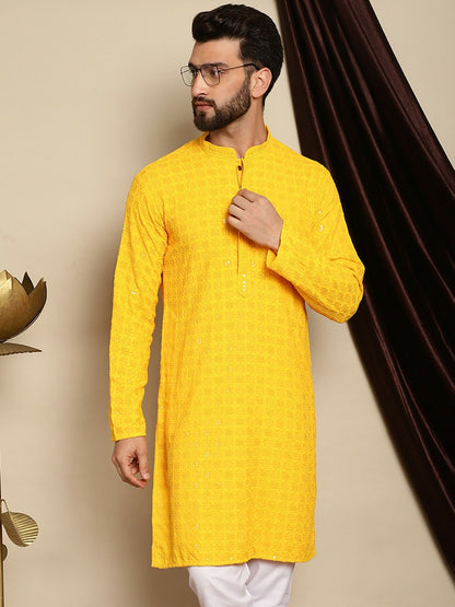 Men’s Yellow Embroidered Cotton Kurta with Sequin Accents