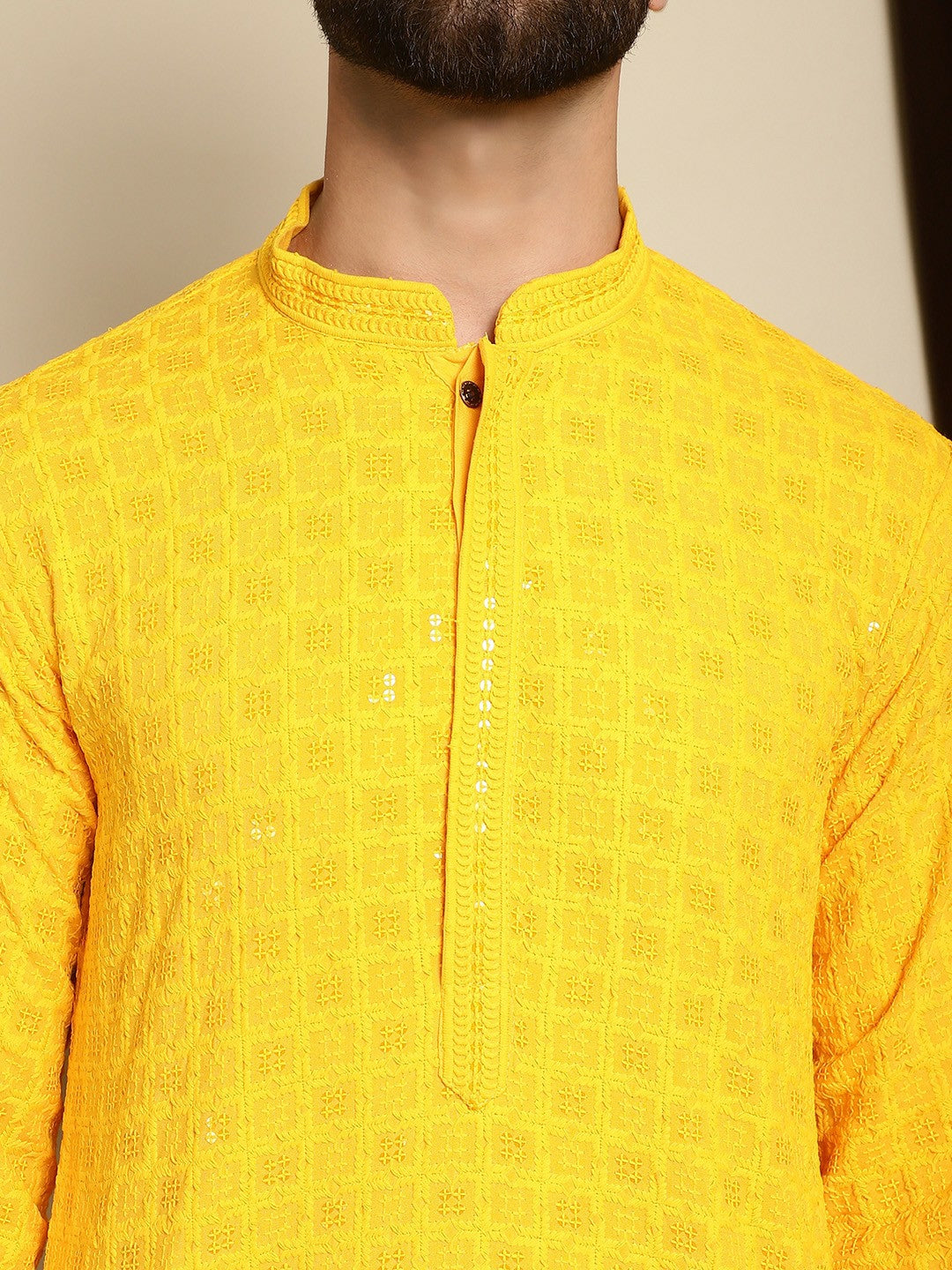 Men’s Yellow Embroidered Cotton Kurta with Sequin Accents