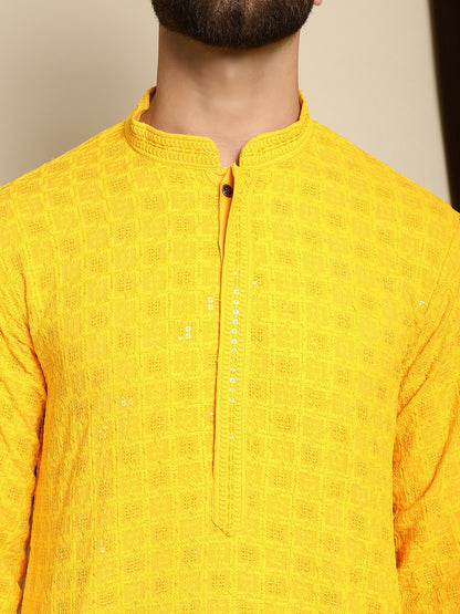 Men’s Yellow Embroidered Cotton Kurta with Sequin Accents