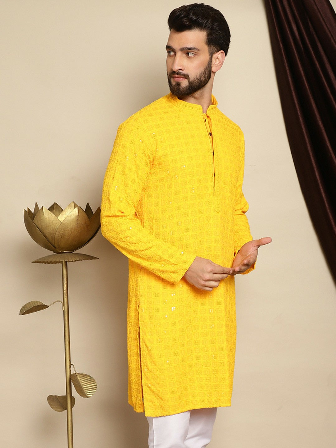 Men’s Yellow Embroidered Cotton Kurta with Sequin Accents
