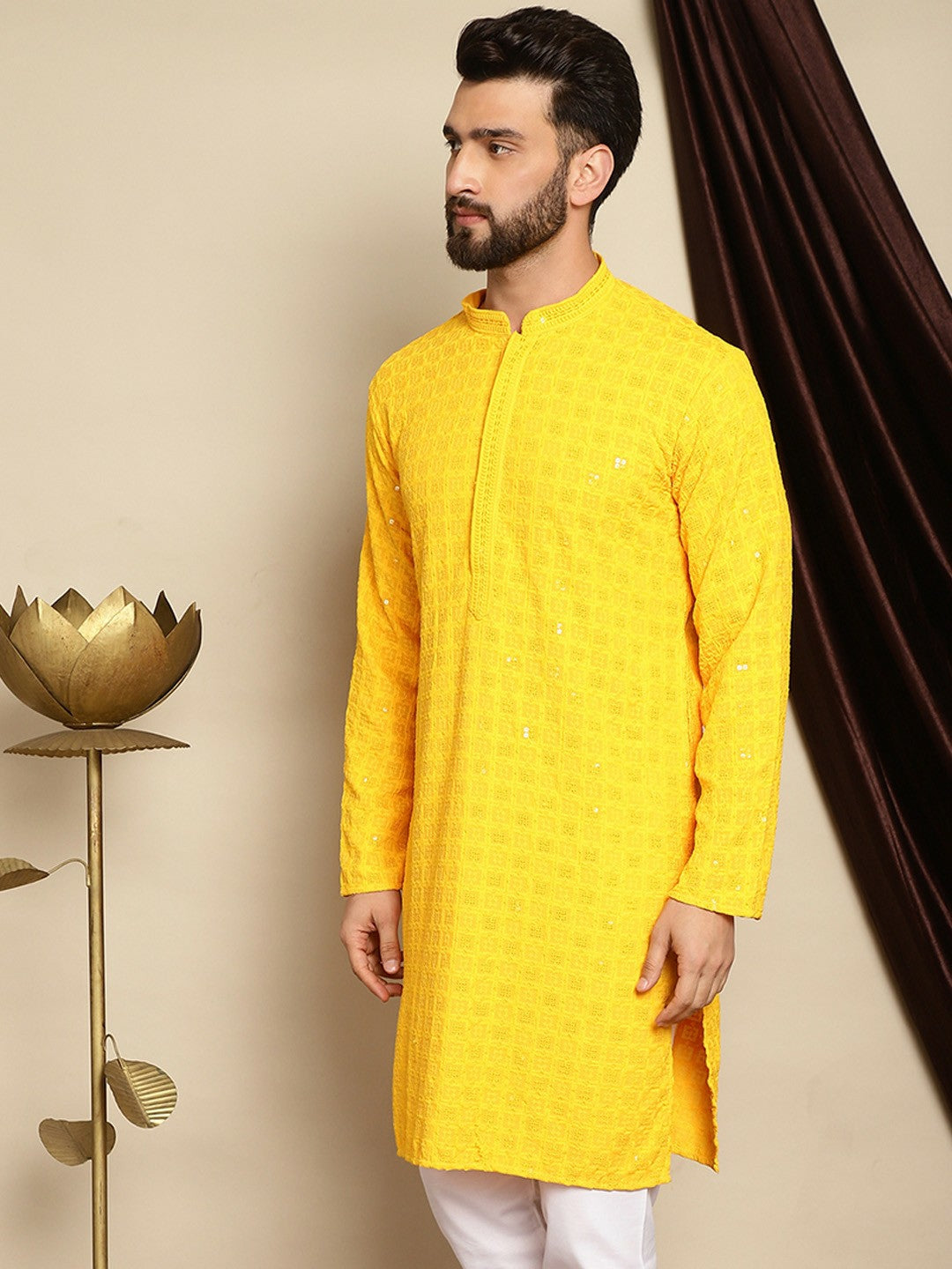 Men’s Yellow Embroidered Cotton Kurta with Sequin Accents