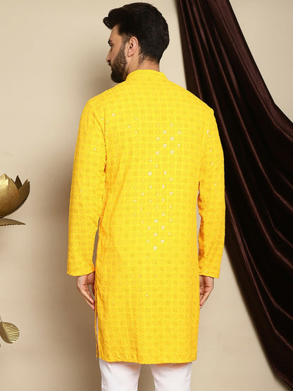 Men’s Yellow Embroidered Cotton Kurta with Sequin Accents