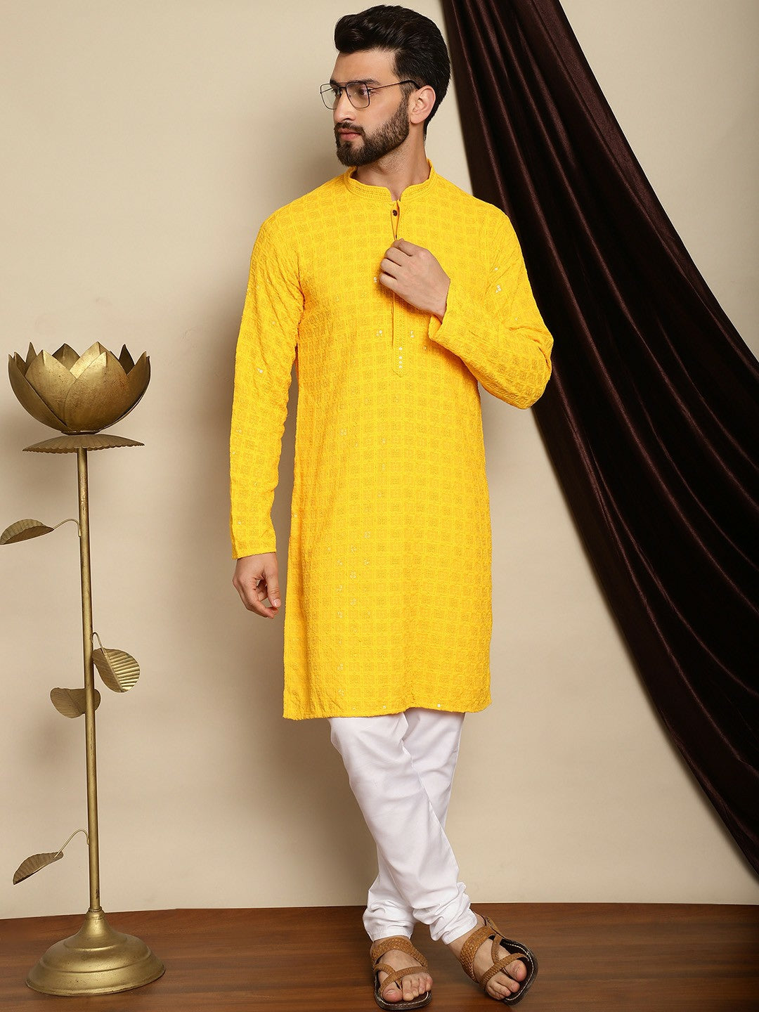Men’s Yellow Embroidered Cotton Kurta with Sequin Accents