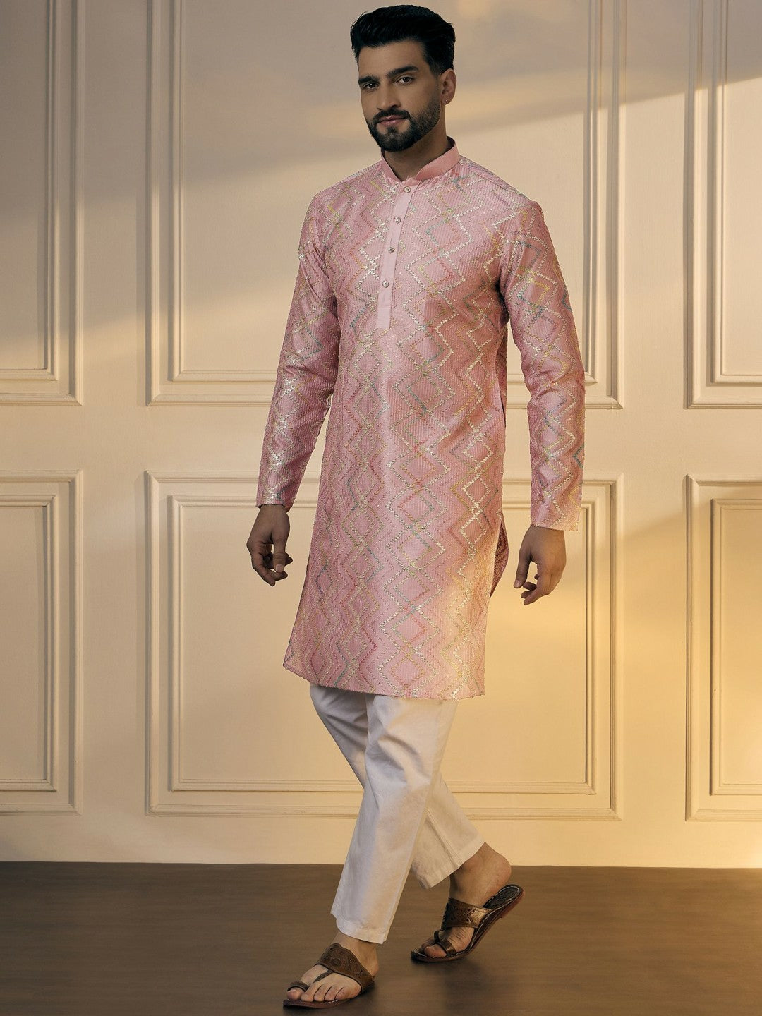 Men’s Pink Chevron Embroidered Cotton Kurta with Gotta Patti
