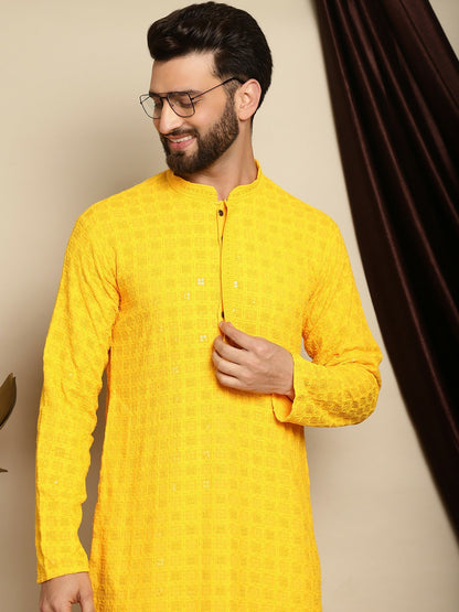 Men’s Yellow Embroidered Cotton Kurta with Sequin Accents