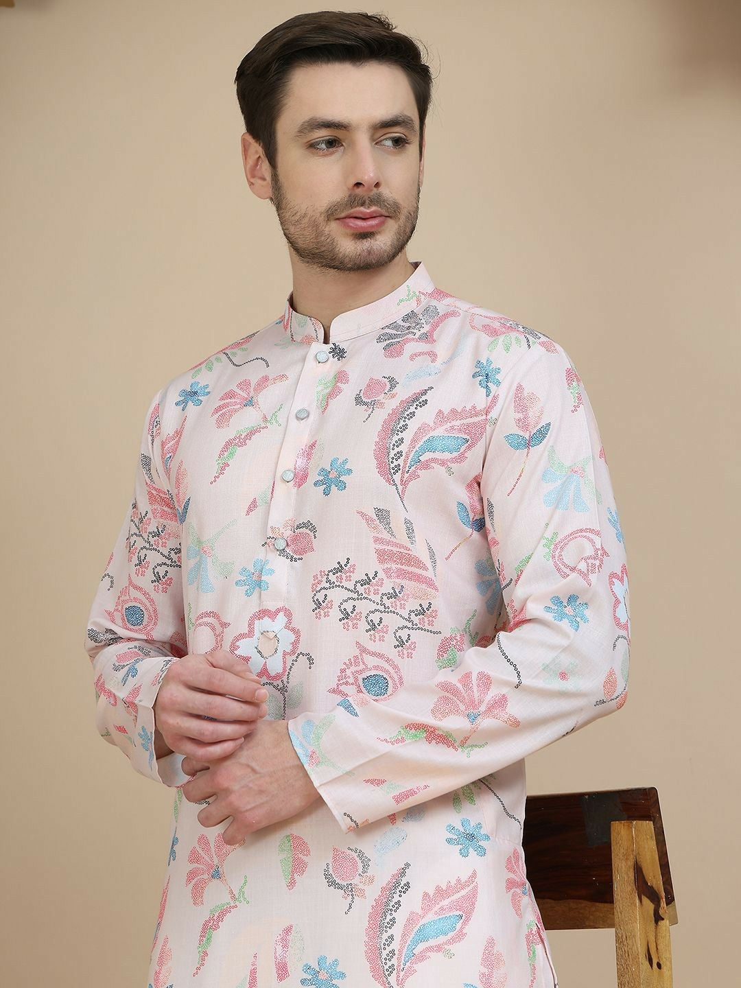 Peach & Blue Floral Printed Kurta with Thread Work