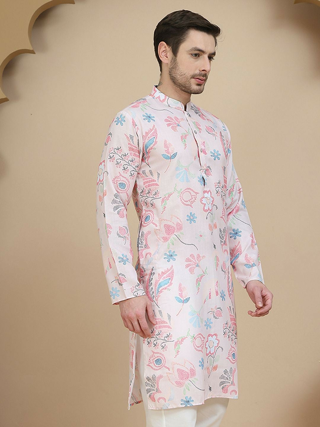 Peach & Blue Floral Printed Kurta with Thread Work