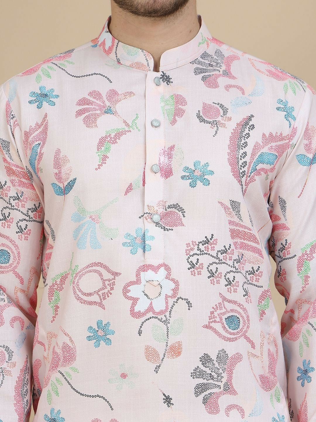 Peach & Blue Floral Printed Kurta with Thread Work