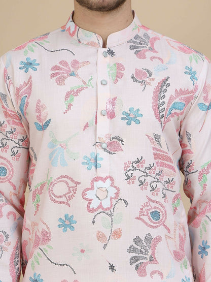 Peach & Blue Floral Printed Kurta with Thread Work