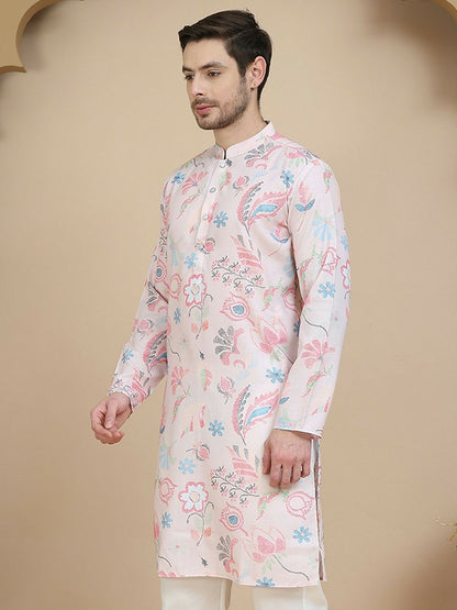 Peach & Blue Floral Printed Kurta with Thread Work