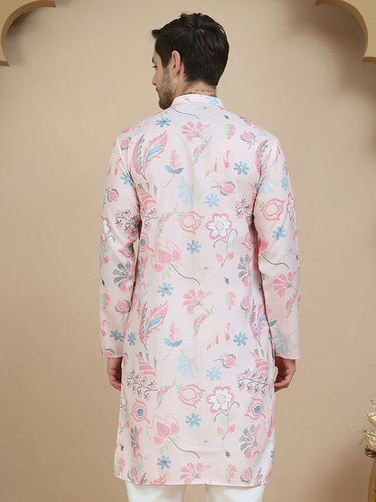 Peach & Blue Floral Printed Kurta with Thread Work